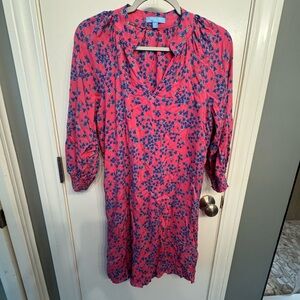 Draper James RSVP V-Neck Smocked Sleeve Pink Blue Ditsy Floral Dress sz small